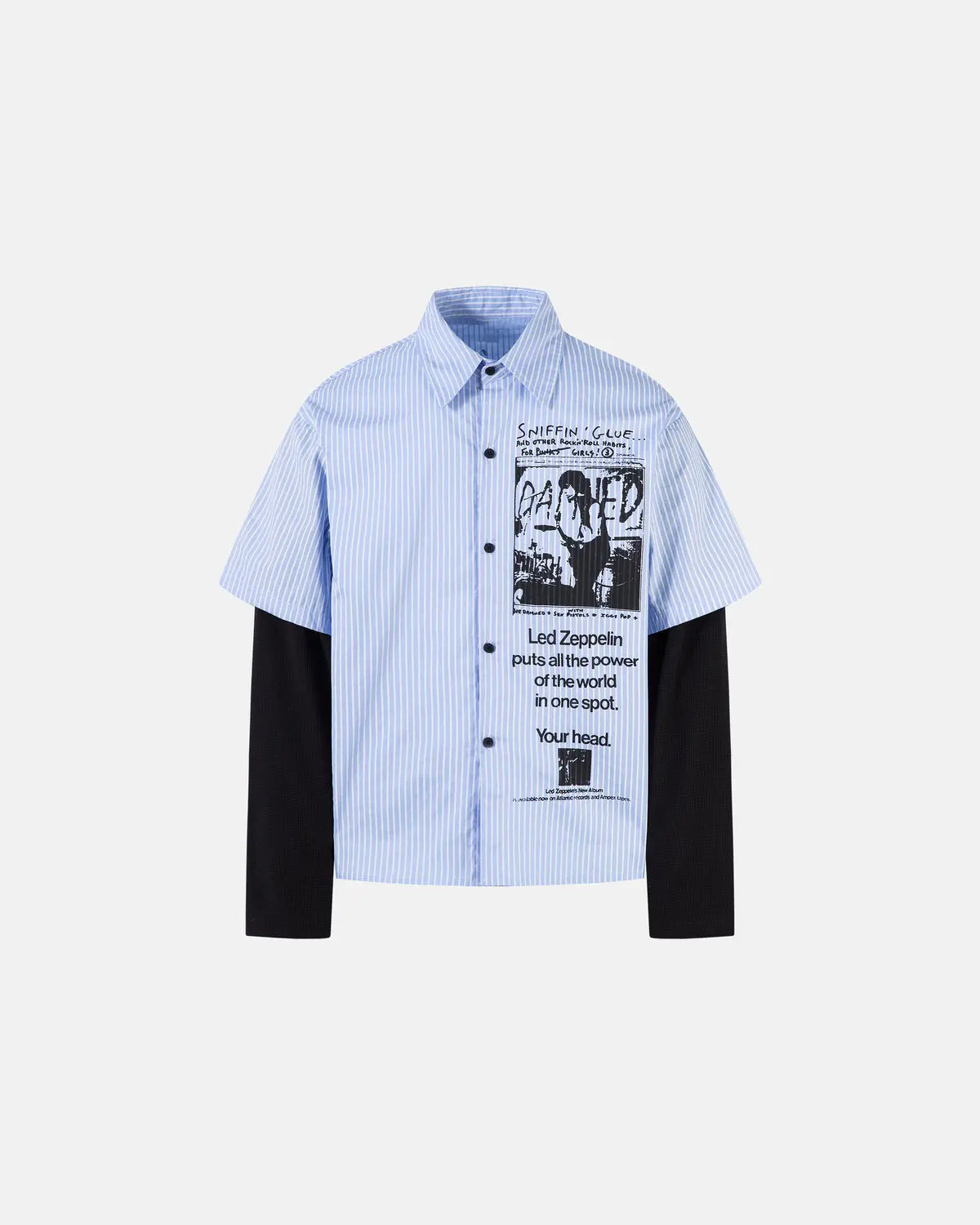 Inflation Streetwear striped graphic layered long-sleeve T-shirt with bold horizontal stripes and graphic design on front.