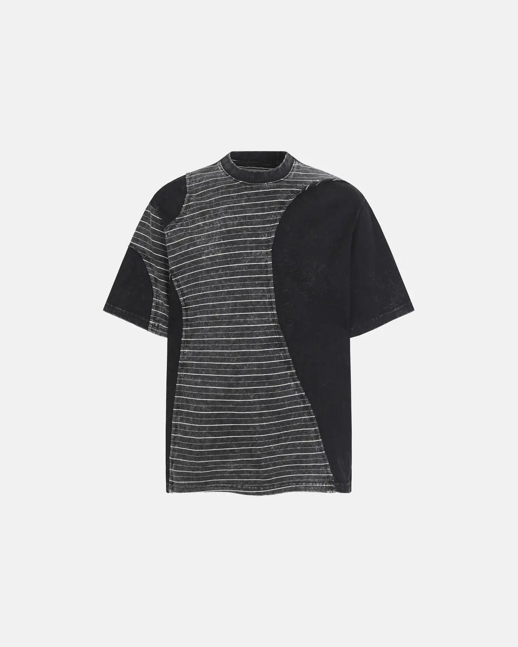 Inflation Streetwear striped patchwork washed T-shirt with colorful, casual design and distressed style.