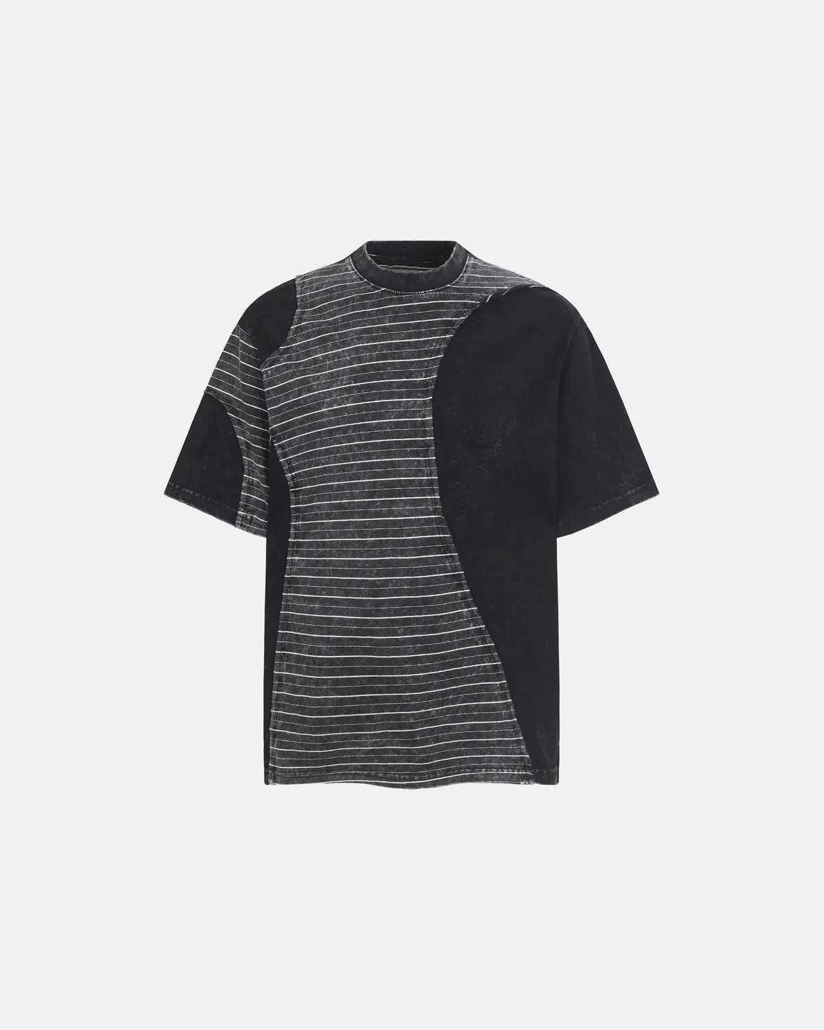 Inflation Streetwear striped patchwork washed T-shirt with colorful, casual design and distressed style.