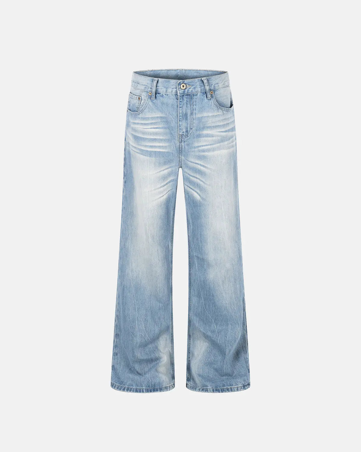 Vintage whiskered bootcut jeans by INFLATION Streetwear featuring a classic fit, distressed details, and a stylish worn-in look.