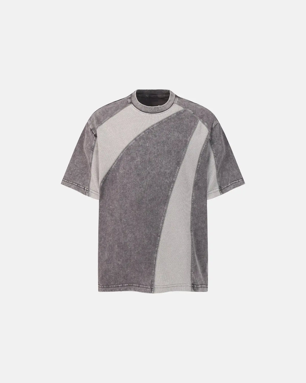 Textured patchwork washed T-shirt by Inflation Streetwear featuring mixed fabric patterns and a casual fit.
