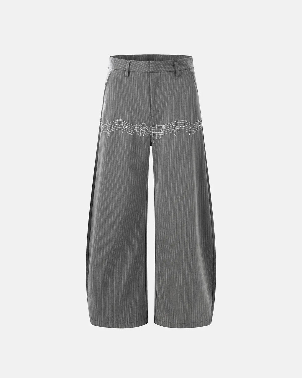 Pinstripe cinch back tailored pants by INFLATION, featuring a sleek fit with a high waist and tailored design, shown on a model.