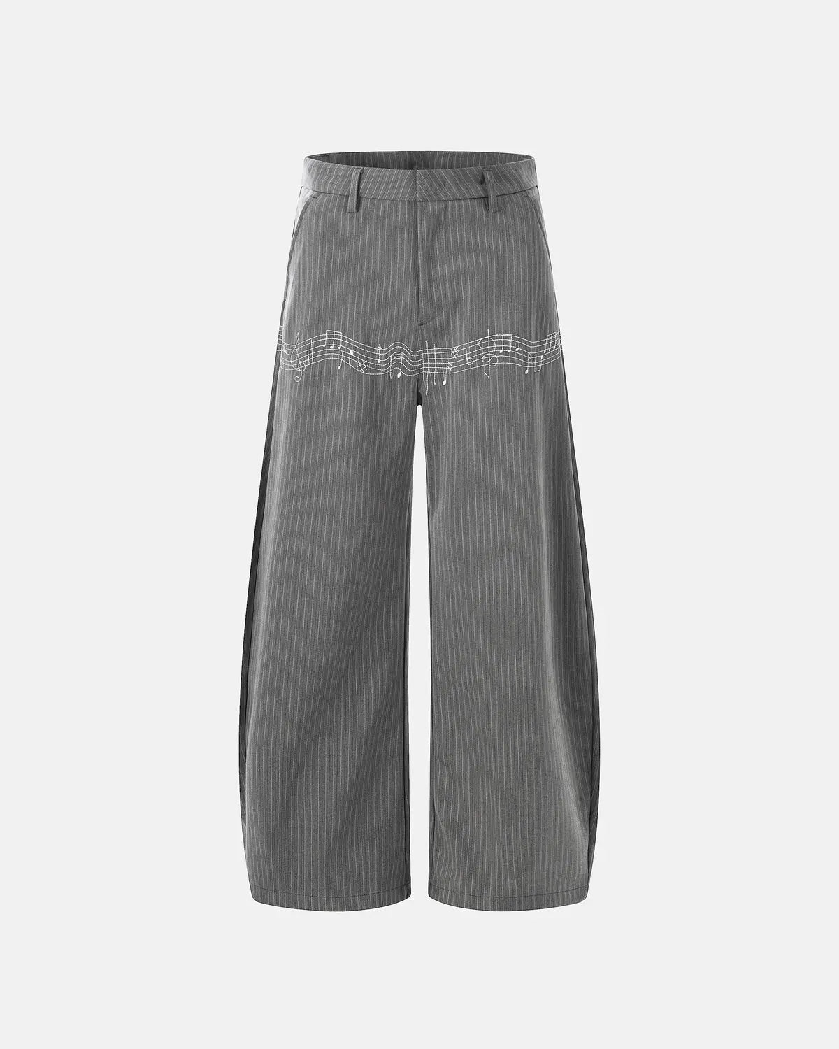 Pinstripe cinch back tailored pants by INFLATION, featuring a sleek fit and stylish design, perfect for modern streetwear.