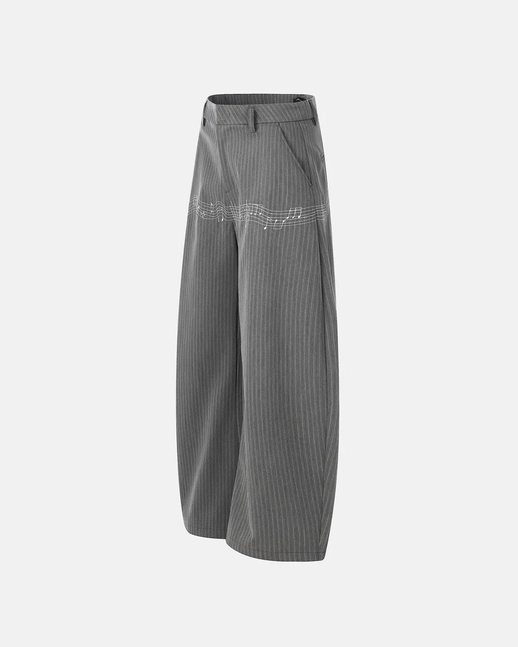 Inflation Streetwear pinstripe cinch back tailored pants featuring a sleek, fitted design with a high waist and tailored fit.