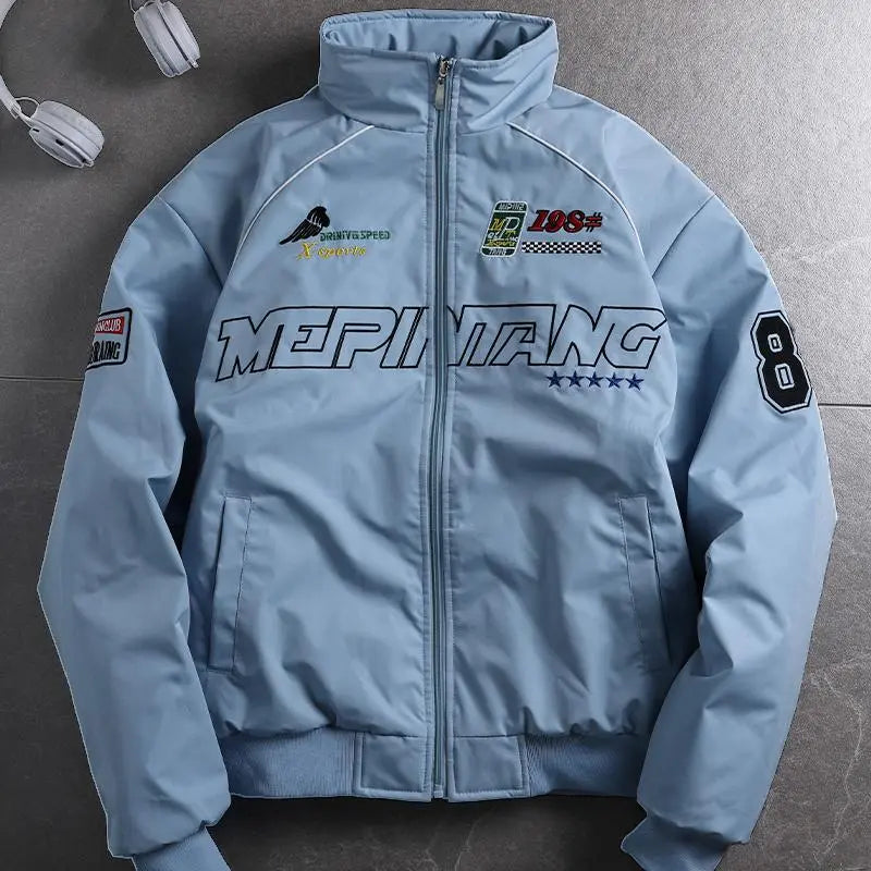 Men's Racing Style Bomber Jacket Graphic Print Fleece Stand Collar