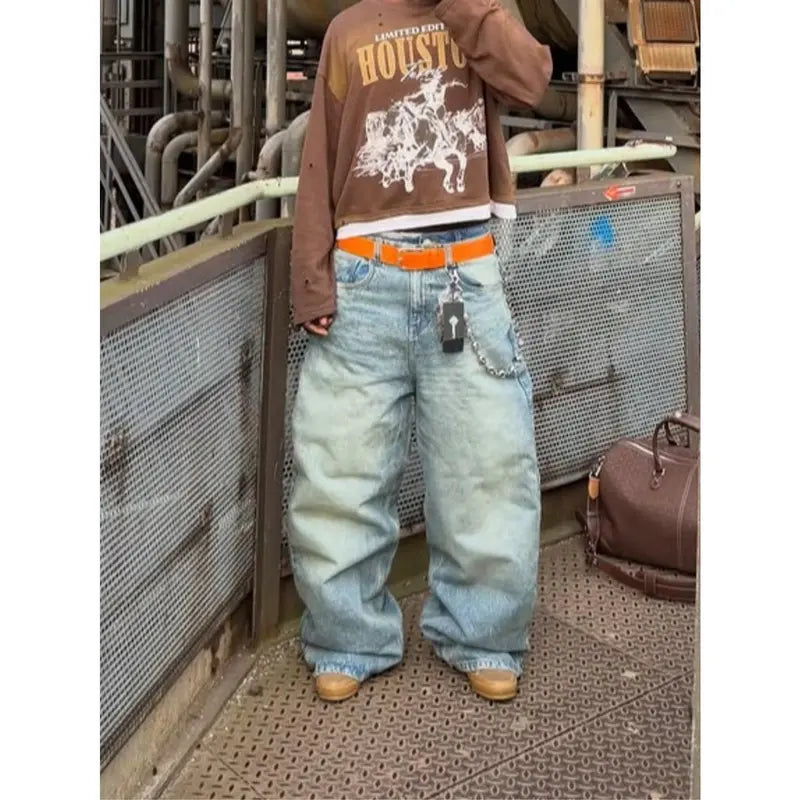 Men's Vintage Loose Straight Leg Jeans Light Blue Wash