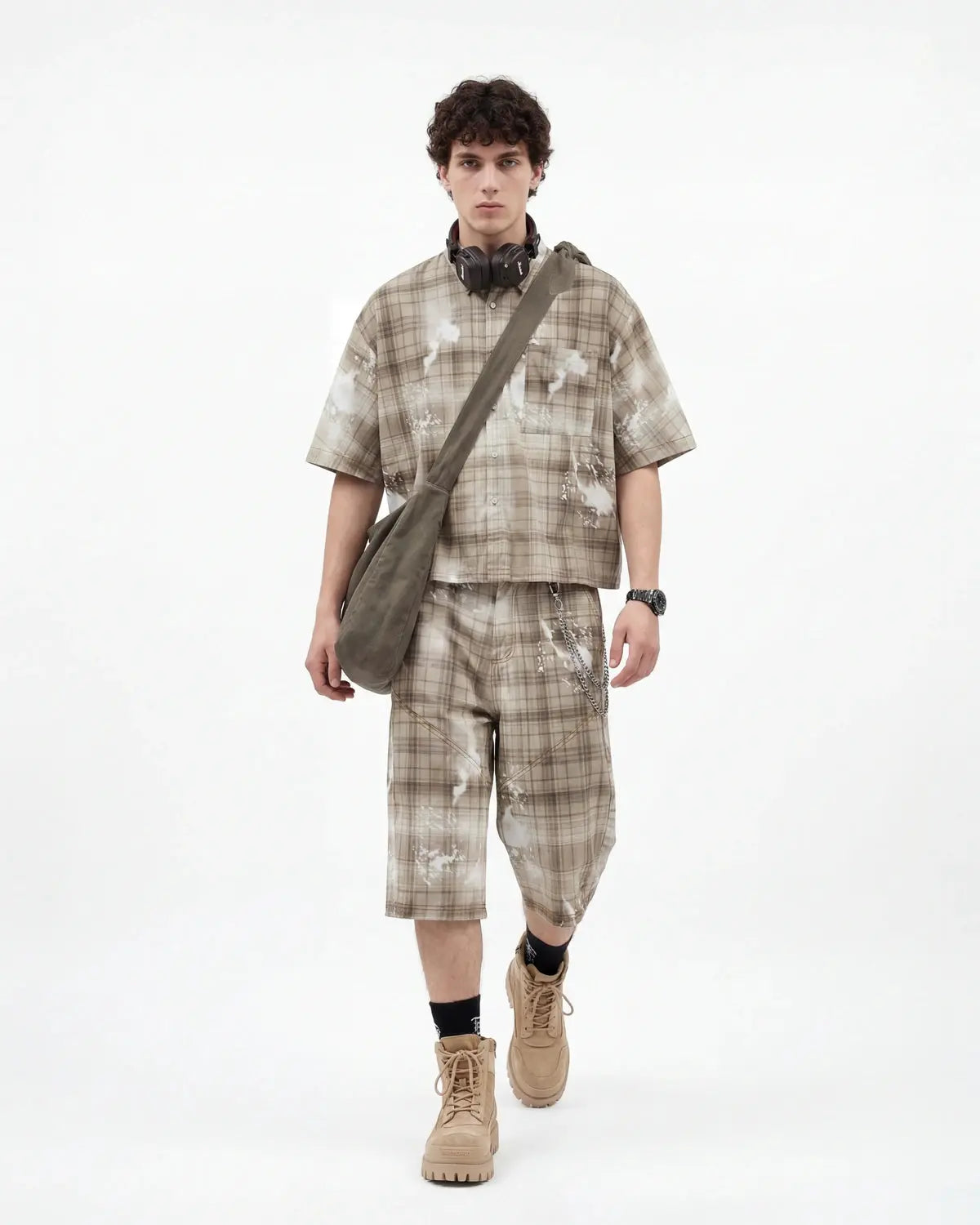 Inflation Streetwear boxy Tencel washed plaid print shirt with a relaxed fit and button front, featuring a stylish casual design.