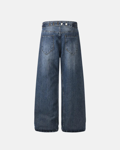 Adjustable waist bamboo weave baggy jeans by INFLATION with relaxed fit and streetwear style, shown in a natural denim color.
