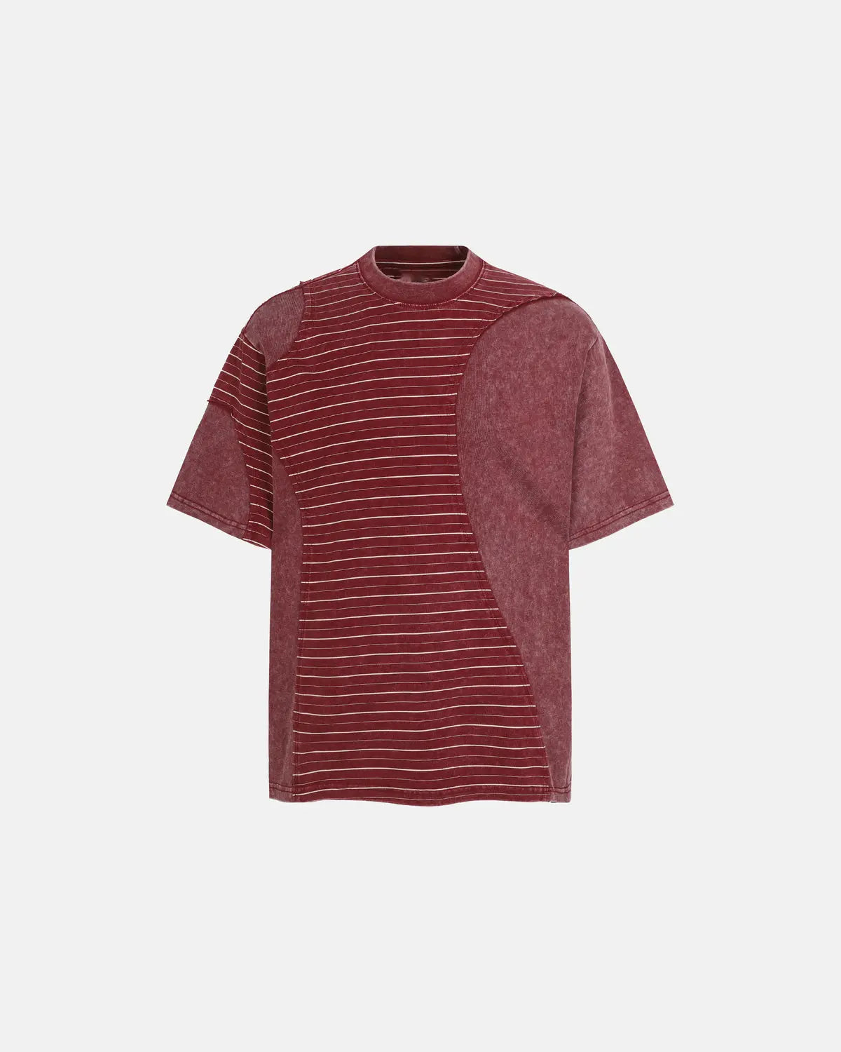 Striped patchwork washed T-shirt by INFLATION Streetwear featuring colorful, casual design with soft fabric and relaxed fit.