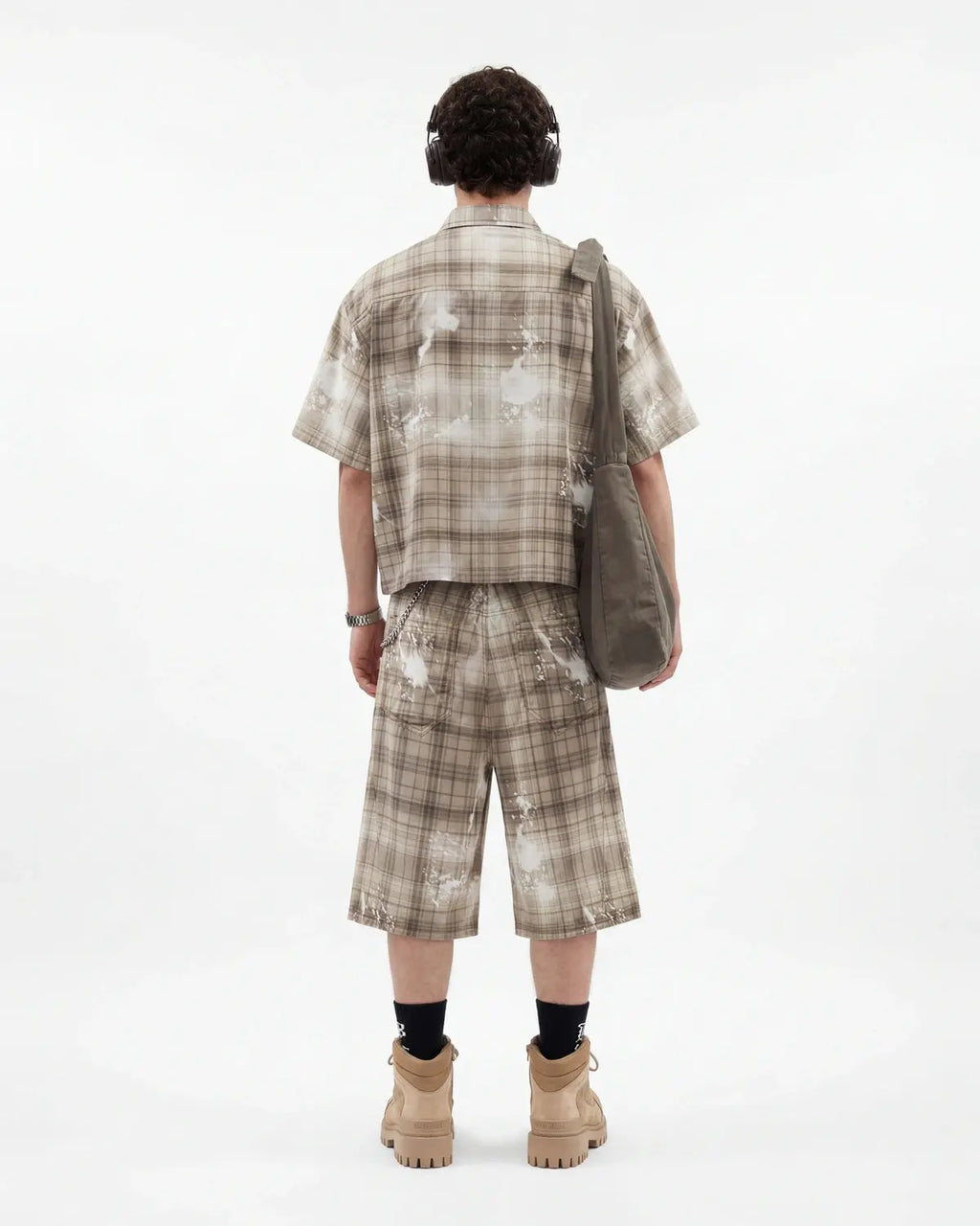 Inflation Streetwear boxy Tencel washed plaid print shirt with a relaxed fit and casual style, shown in the product image.