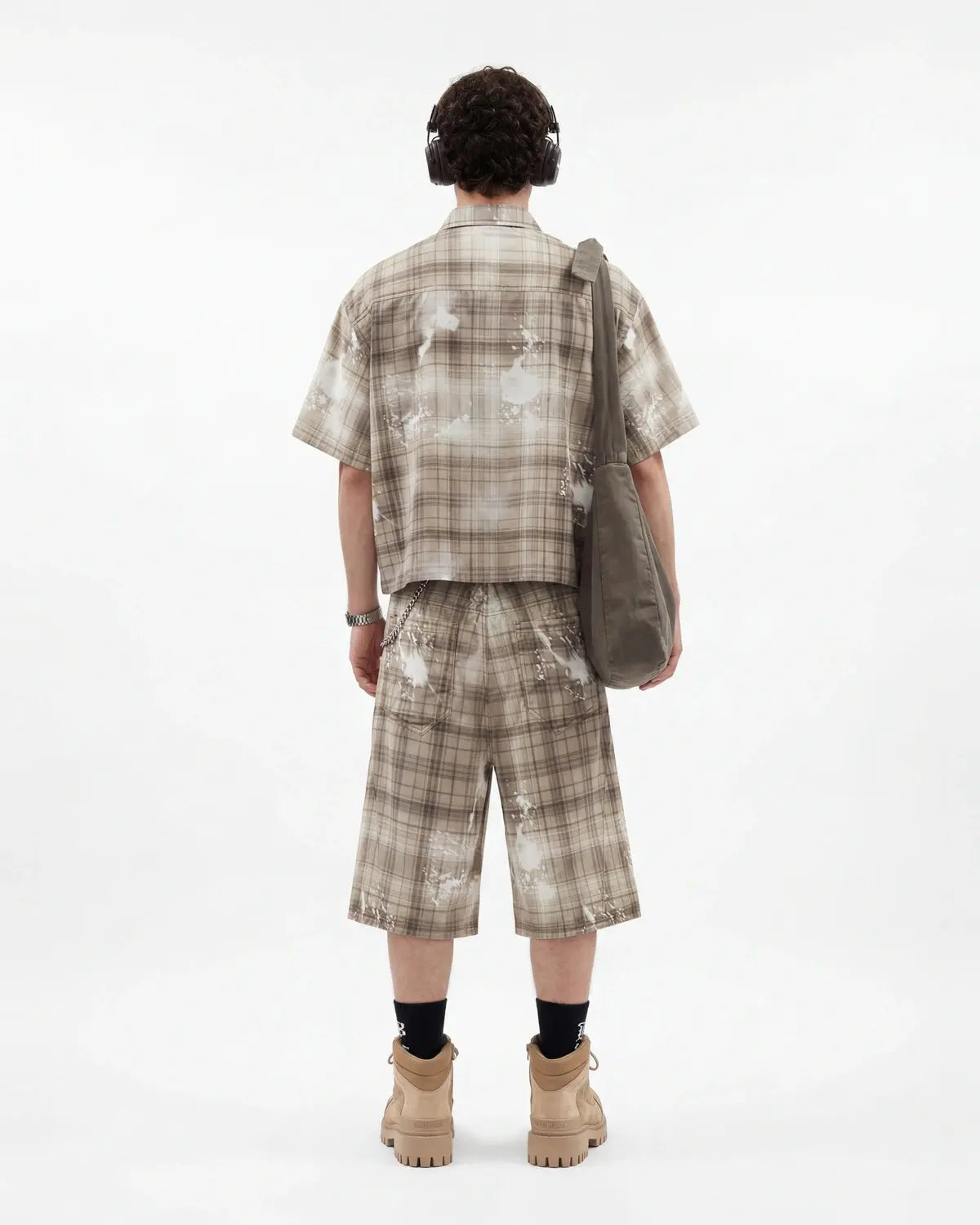 Inflation Streetwear boxy Tencel washed plaid print shirt with a relaxed fit and casual style, shown in the product image.