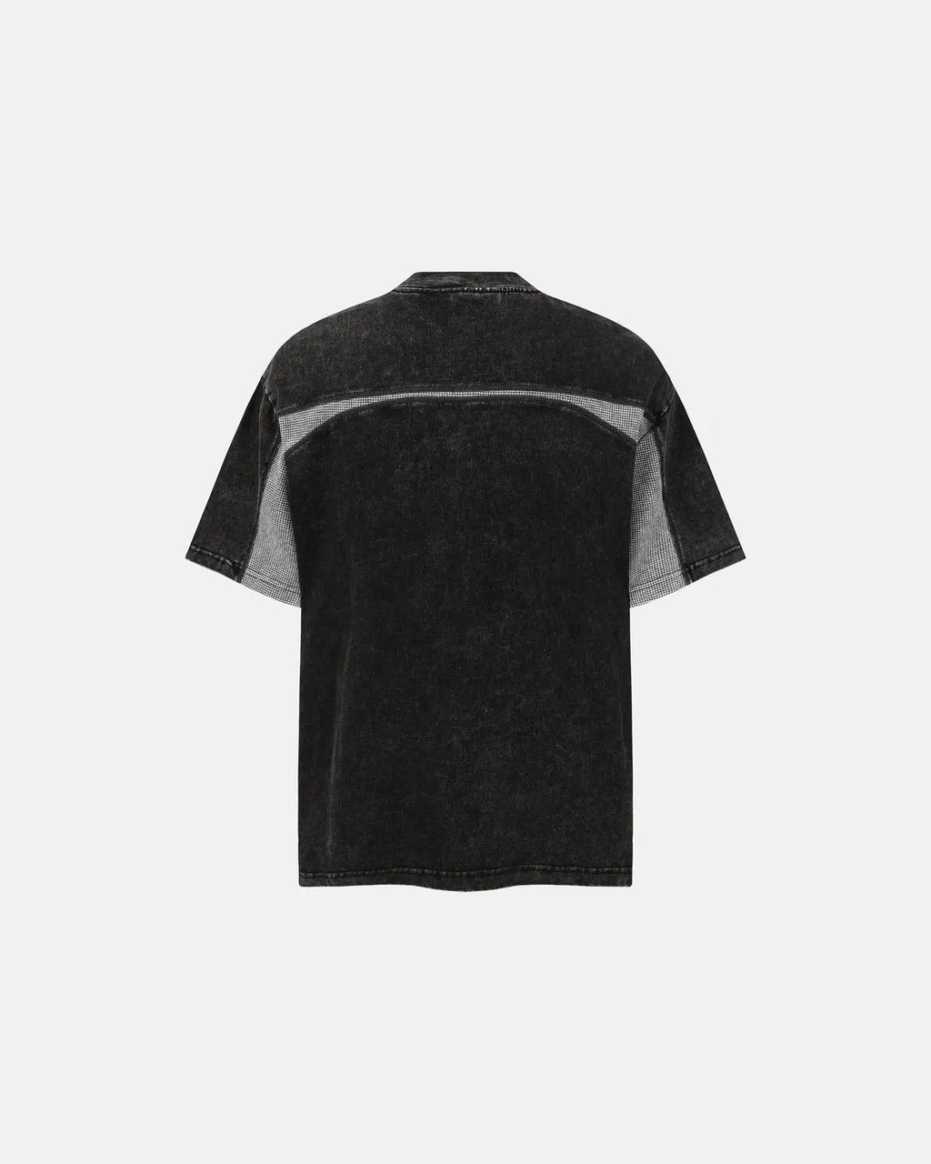 Textured patchwork washed T-shirt by INFLATION Streetwear, featuring a stylish, casual design with mixed fabric patches and distressed finish.