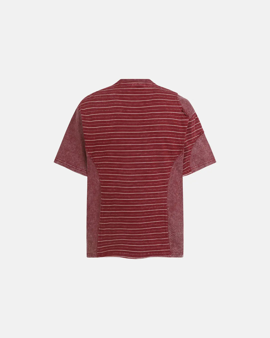 Striped patchwork washed T-shirt by INFLATION Streetwear with multicolor vertical stripes and casual fit, front view image.