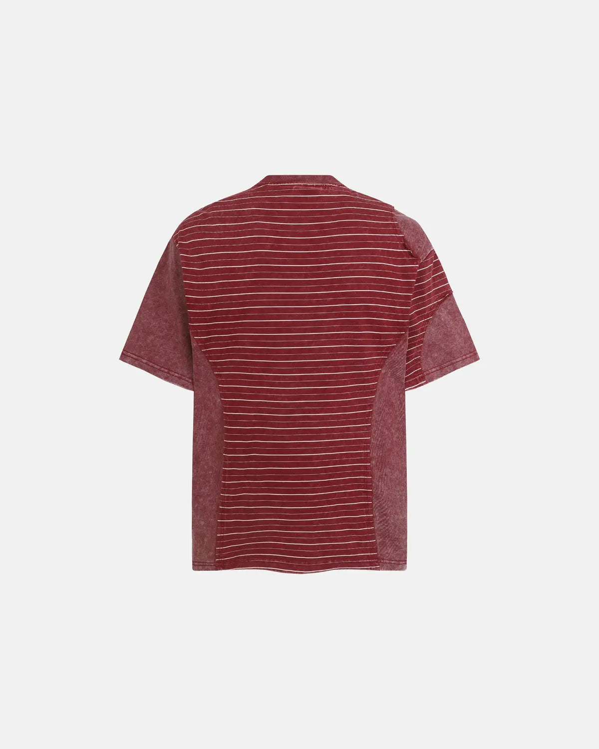 Striped patchwork washed T-shirt by INFLATION Streetwear with multicolor vertical stripes and casual fit, front view image.
