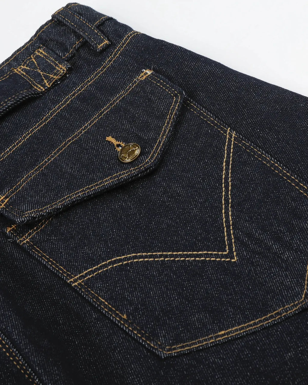 Raw wash barrel jeans with cinch back by INFLATION, featuring a relaxed fit and distressed denim style.