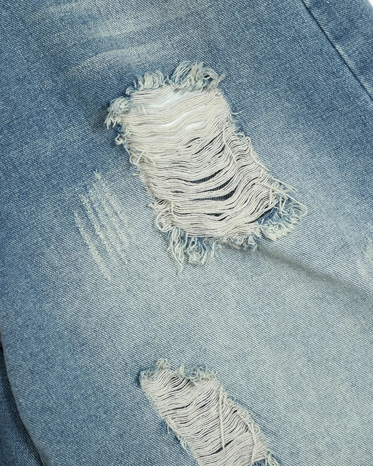 Distressed washed knee-length jorts by INFLATION Streetwear, denim pants with frayed edges and casual fit, front view.