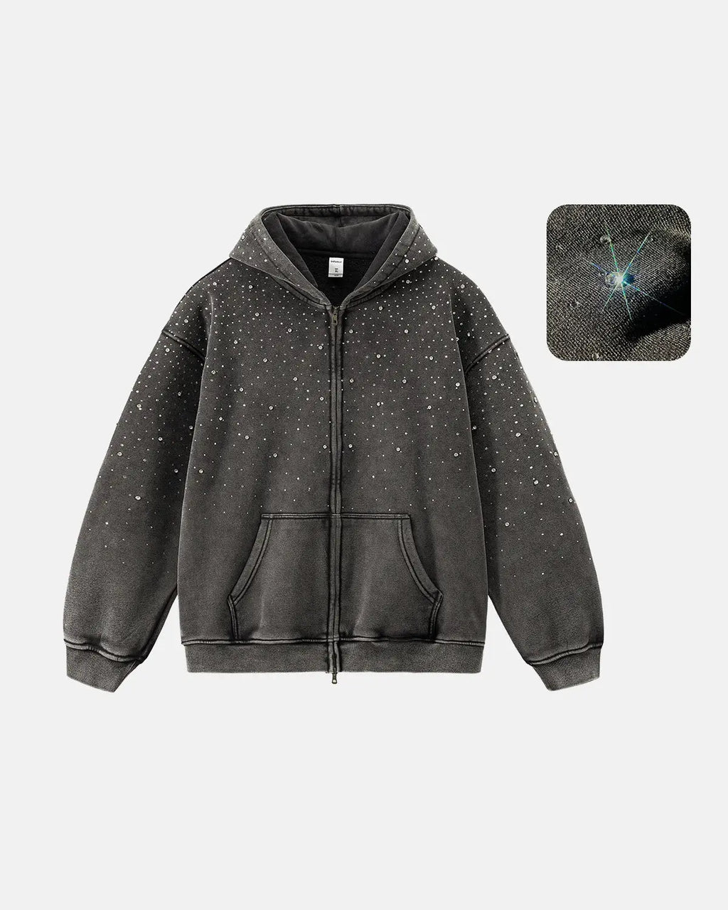 Distressed washed fleece rhinestone zip-up hoodie by Flation Streetwear, featuring a casual fit with sparkling rhinestone details.