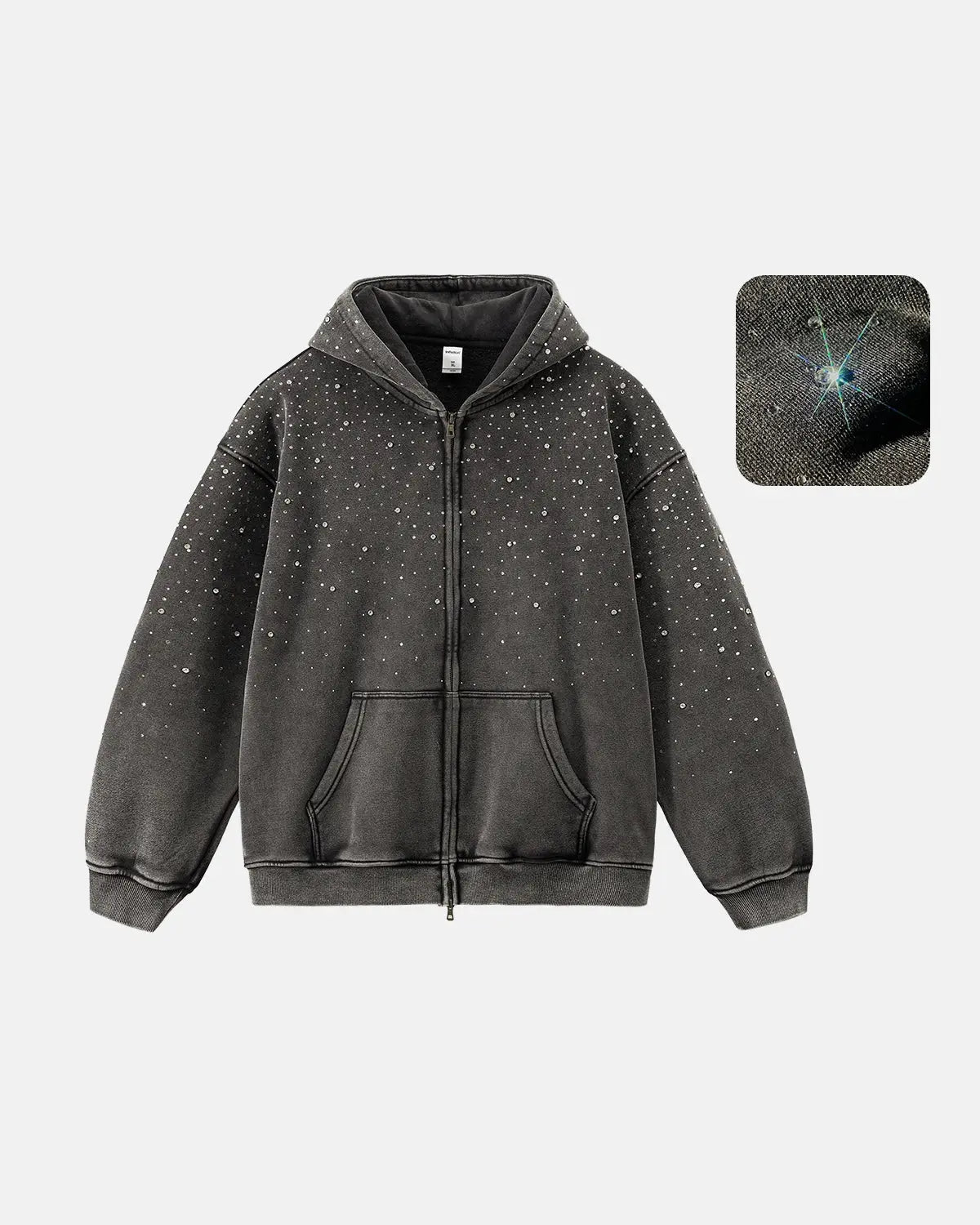 Distressed washed fleece rhinestone zip-up hoodie by Flation Streetwear, featuring a casual fit with sparkling rhinestone details.