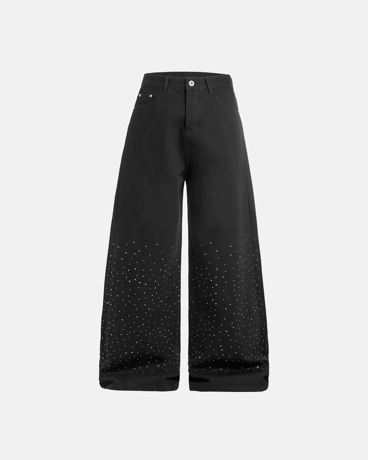 Flation Chill Wide Leg Rhinestone Denim Pants featuring sparkling rhinestones and relaxed fit, styled on a model.