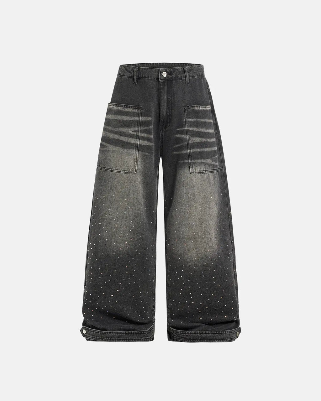 Colorful rhinestone wash baggy jeans by Flation Streetwear, featuring vibrant embroidery and relaxed fit denim style.