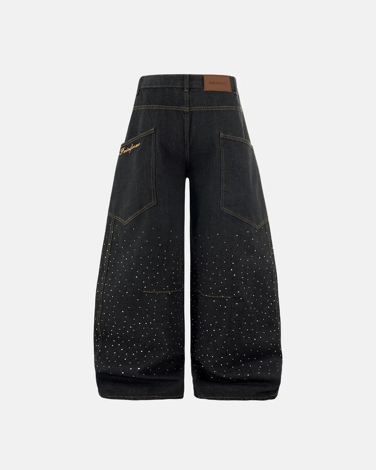 Colorful rhinestone raw barrel jeans from Flation Streetwear, featuring bright embellishments and a relaxed fit.
