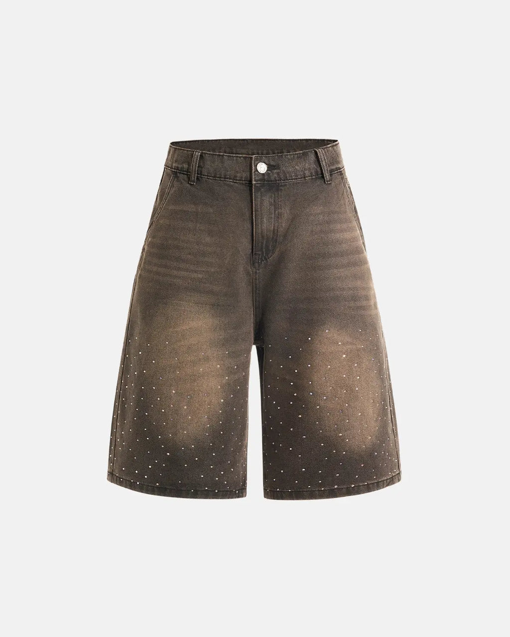 Colorful rhinestone washed jeans shorts by Flation featuring vibrant embellishments and distressed denim for a trendy streetwear look.