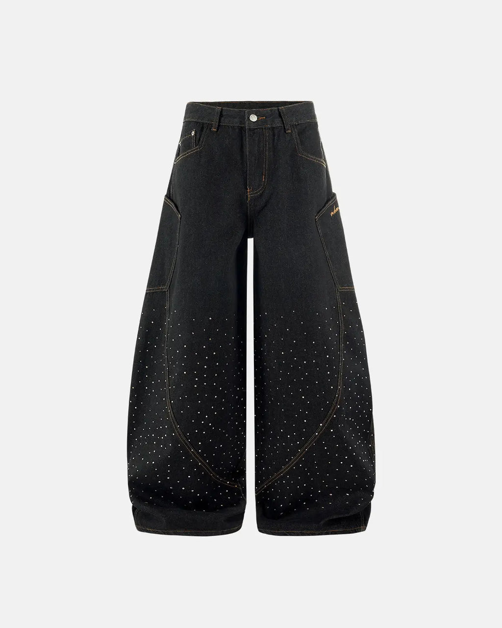Colorful rhinestone raw barrel jeans from Flation Streetwear, featuring vibrant embellishments and a relaxed fit.