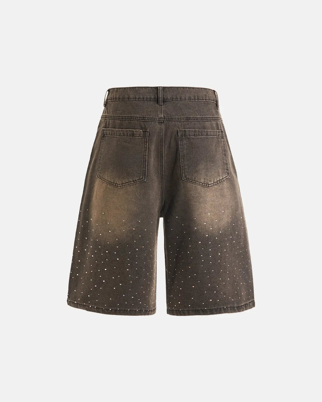 Colorful rhinestone washed jeans shorts by Flation featuring vibrant embellishments and distressed denim, casual streetwear style.
