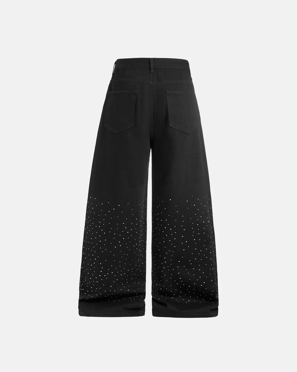Flation Chill wide-leg denim pants with rhinestone embellishments, featuring a relaxed fit and stylish streetwear design.