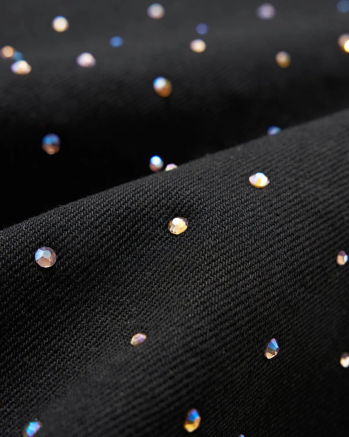 Flation Chill wide leg rhinestone denim pants showing sparkling rhinestone details and relaxed fit on model.