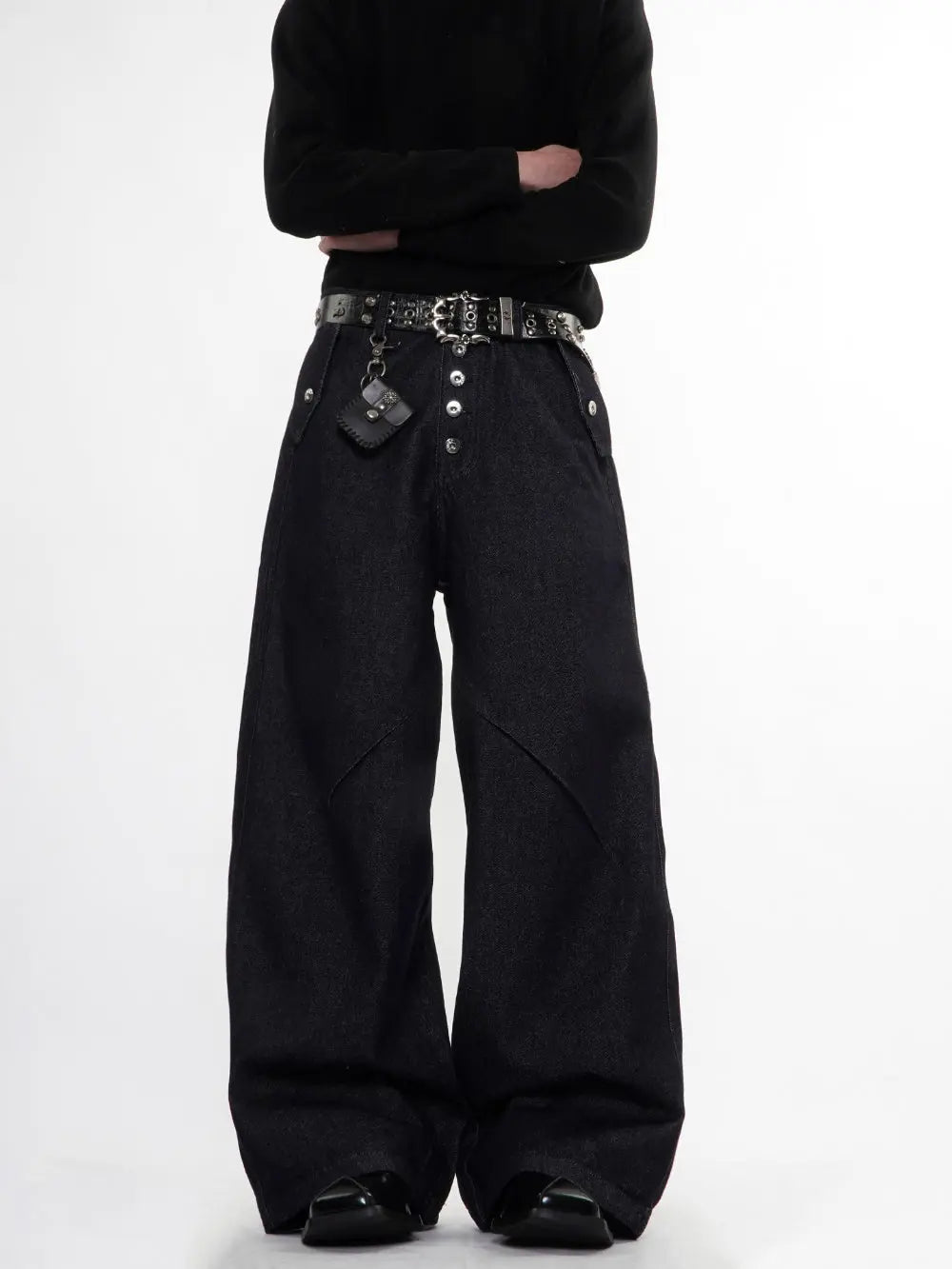 Inflation Buttons Up Raw Blue Baggy Jeans with button closure, relaxed fit, and distressed denim style.