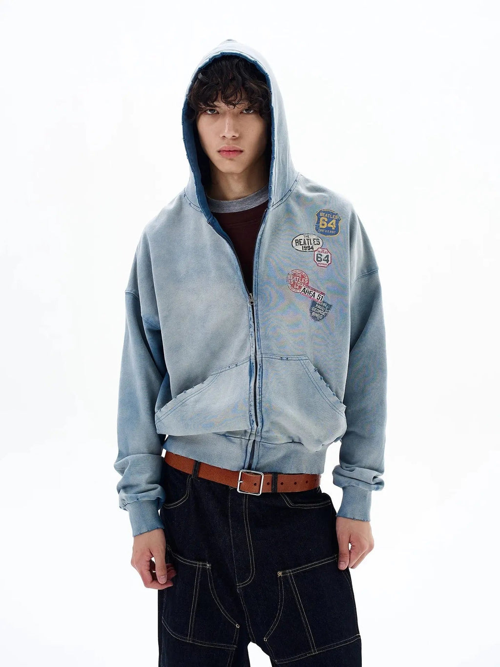 Blue distressed acid wash zip-up hoodie by INFLATION Streetwear with a casual fit and front pockets.