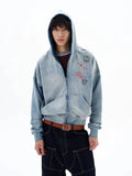 Blue distressed acid wash zip-up hoodie by INFLATION Streetwear with a casual fit and front pockets.