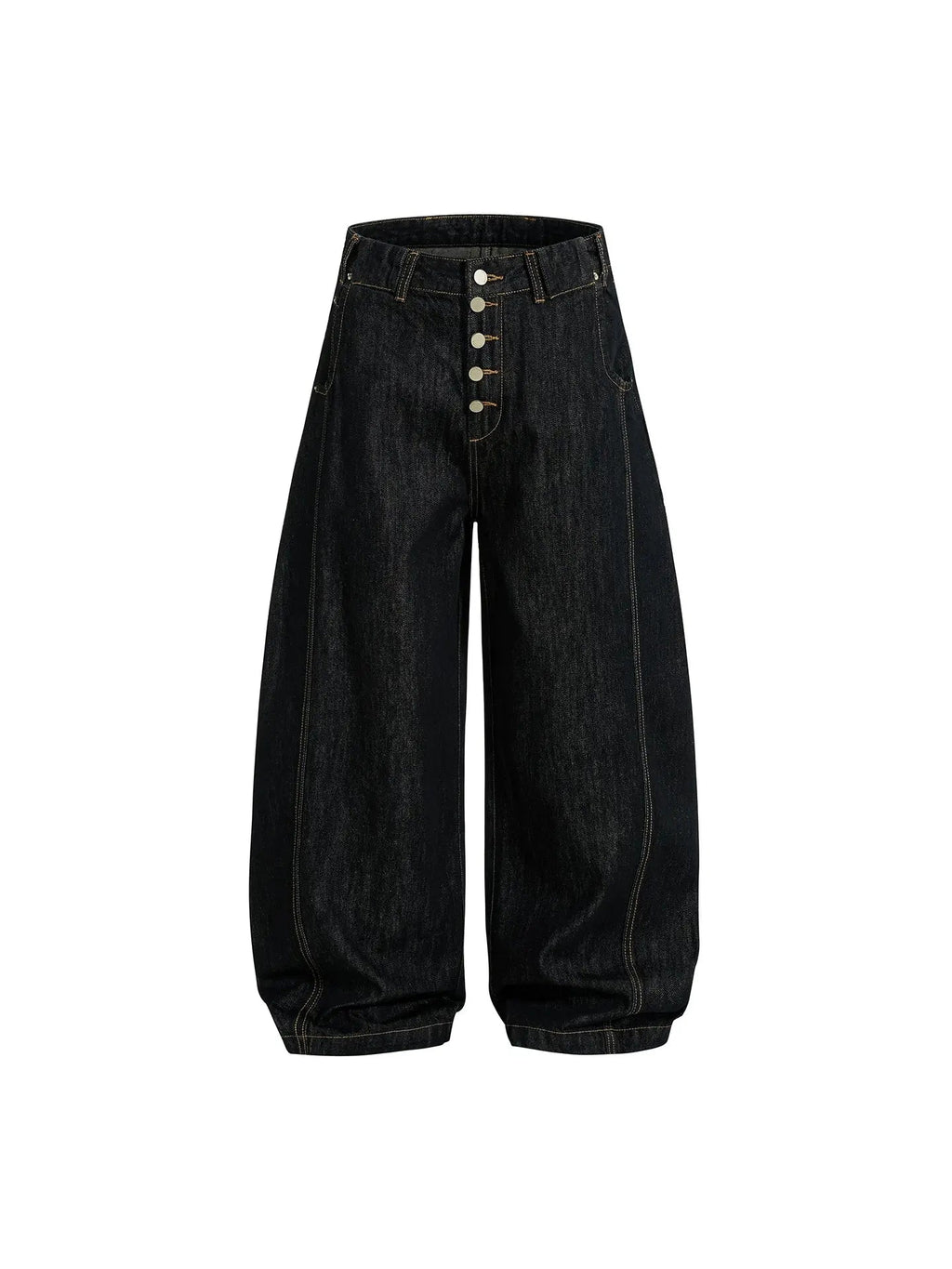 Black buttons-up barrel baggy jeans by INFLATION Streetwear, featuring a relaxed fit and stylish design with visible button details.