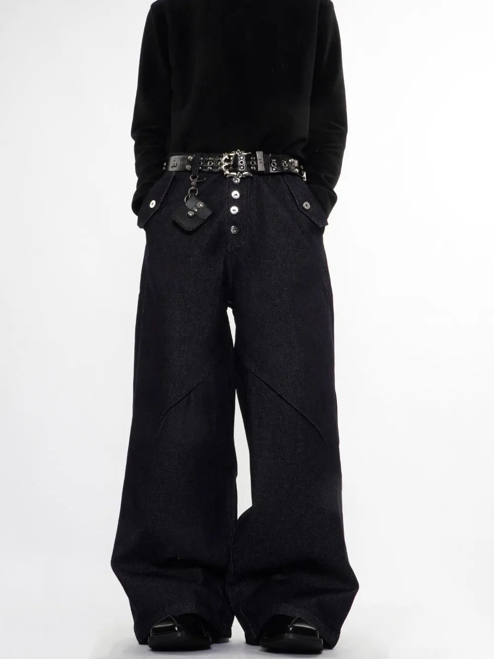 Inflation Streetwear Buttons Up Raw Blue Baggy Jeans with relaxed fit, visible button details, and classic denim texture.
