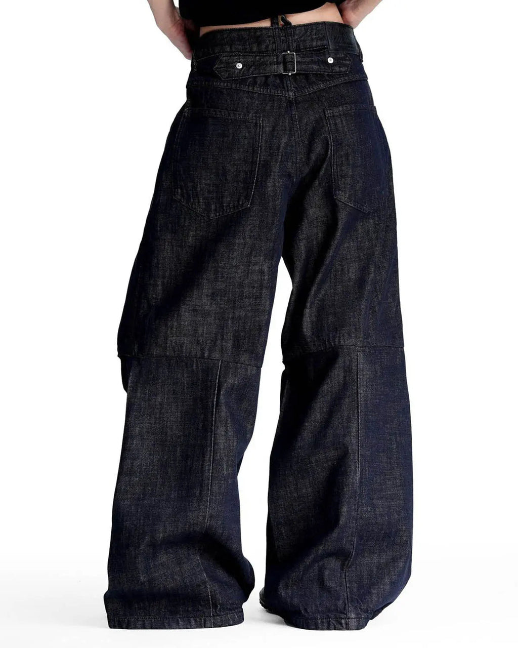 Inflation Streetwear Cinch Back Raw Baggy Jeans with relaxed fit, featuring a cinch back and raw hem for a casual, streetwear look.