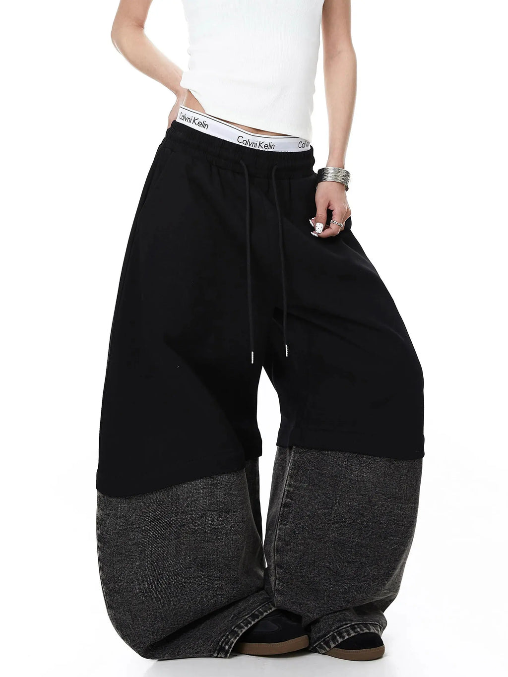 Denim detachable patchwork barrel joggers from Inflation Streetwear with stylish patchwork design and relaxed fit.