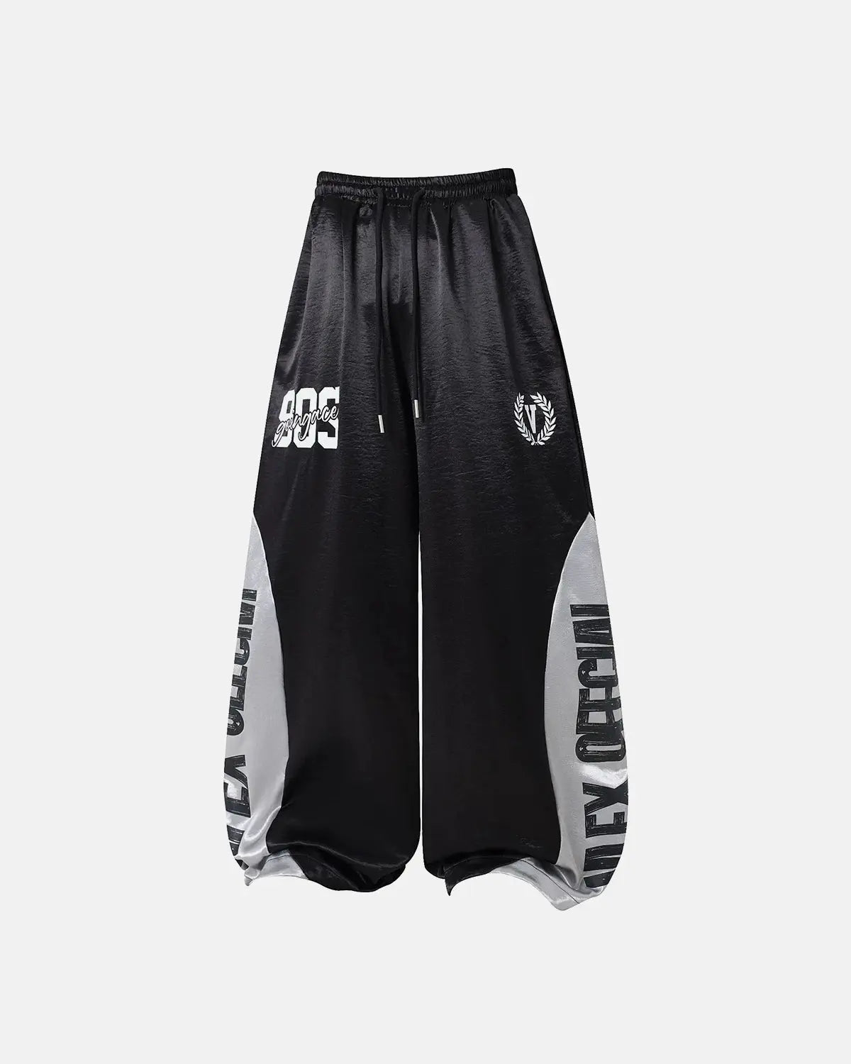 Glossy black contrast barrel sweatpant by INFLATION, featuring a modern streetwear style and a sleek, shiny finish.