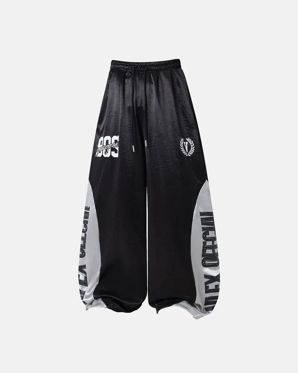 Glossy contrast barrel sweatpants by INFLATION featuring a shiny finish and relaxed fit, shown laid flat with waist and leg details.