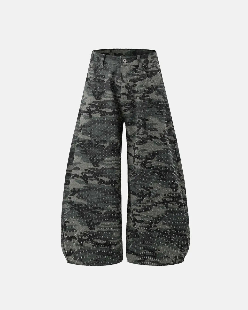 Inflation Streetwear rhinestone camo barrel pants with glittering rhinestones and bold camouflage pattern, casual streetwear style.