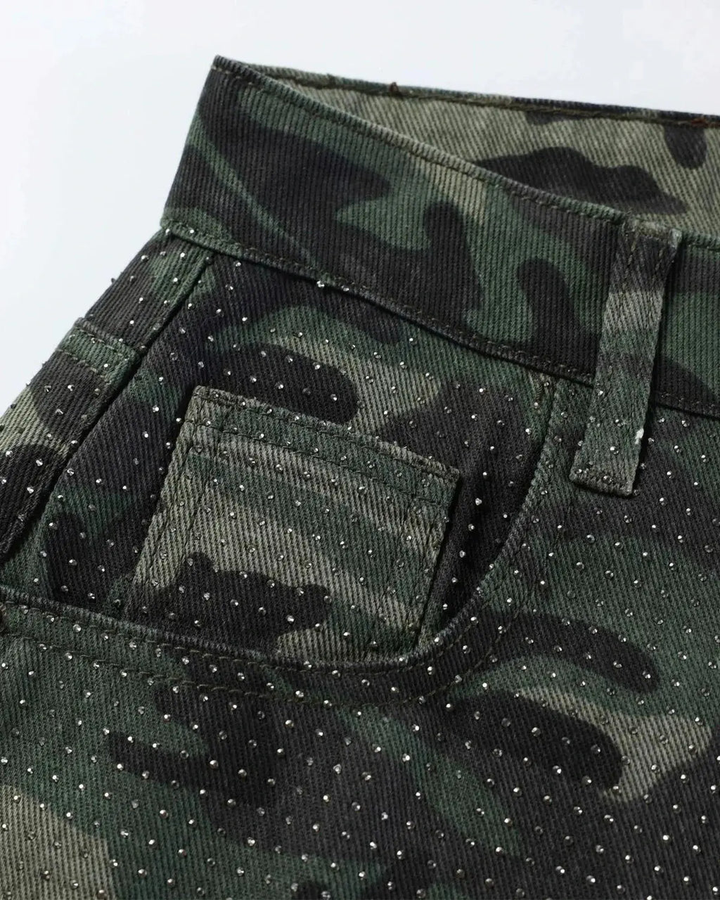 Inflation streetwear rhinestone camo barrel pants with sparkling embellishments and relaxed fit, stylish urban fashion pants.