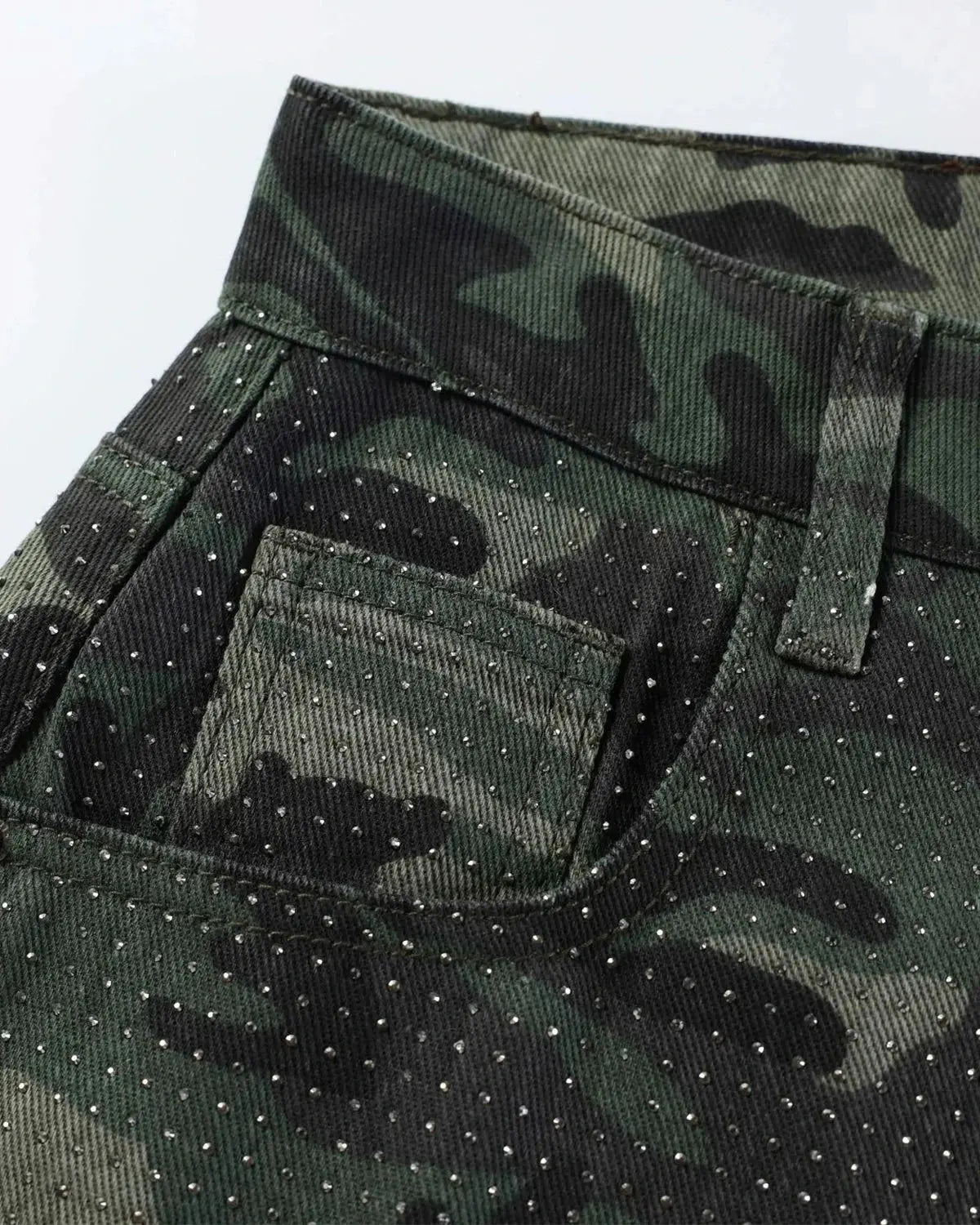 Inflation streetwear rhinestone camo barrel pants with sparkling embellishments and relaxed fit, stylish urban fashion pants.