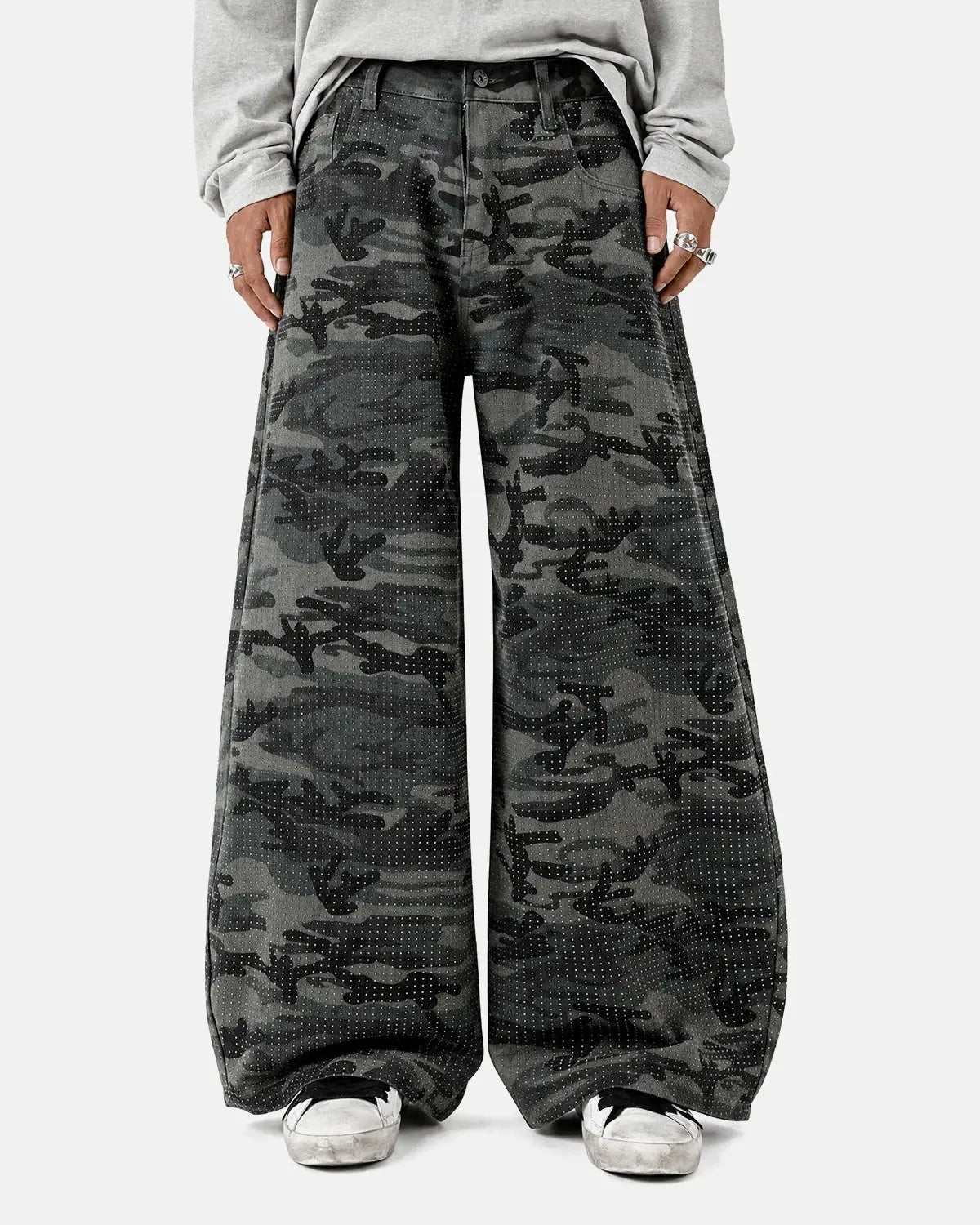 Inflation Streetwear rhinestone camo barrel pants featuring shiny rhinestones and a relaxed fit, showcased on a model.