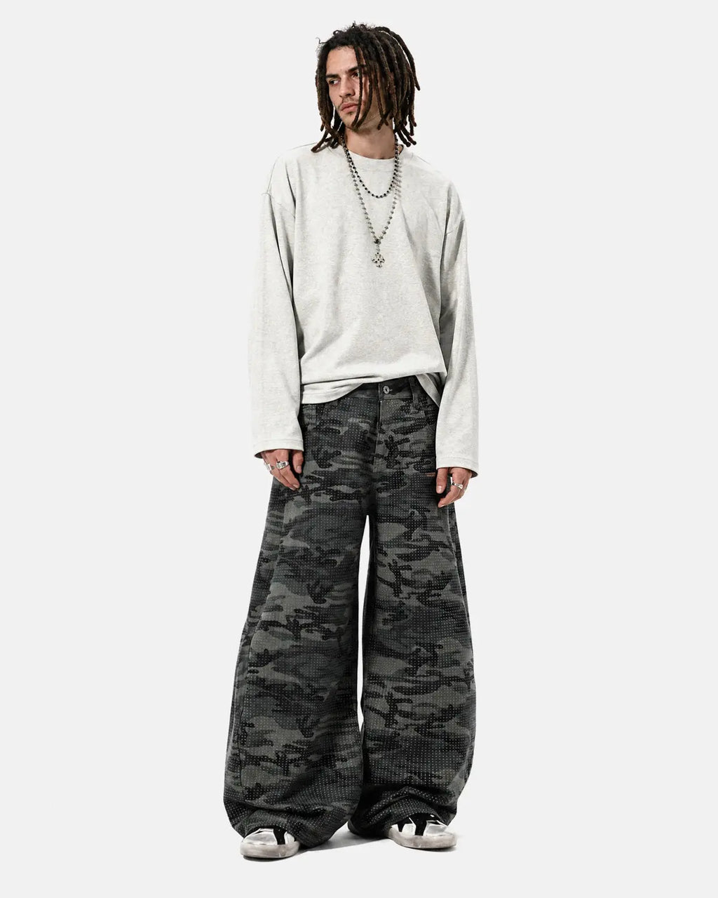 INFLATION Rhinestone Camo Barrel Pants featuring a camo print with rhinestone embellishments and a relaxed streetwear style.