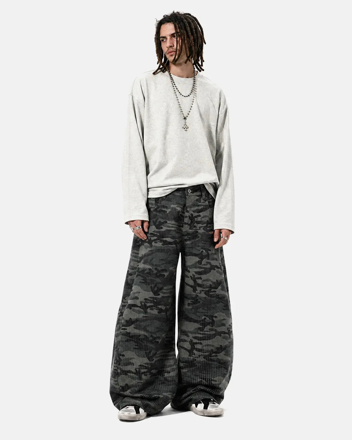 INFLATION Rhinestone Camo Barrel Pants featuring a camo print with rhinestone embellishments and a relaxed streetwear style.