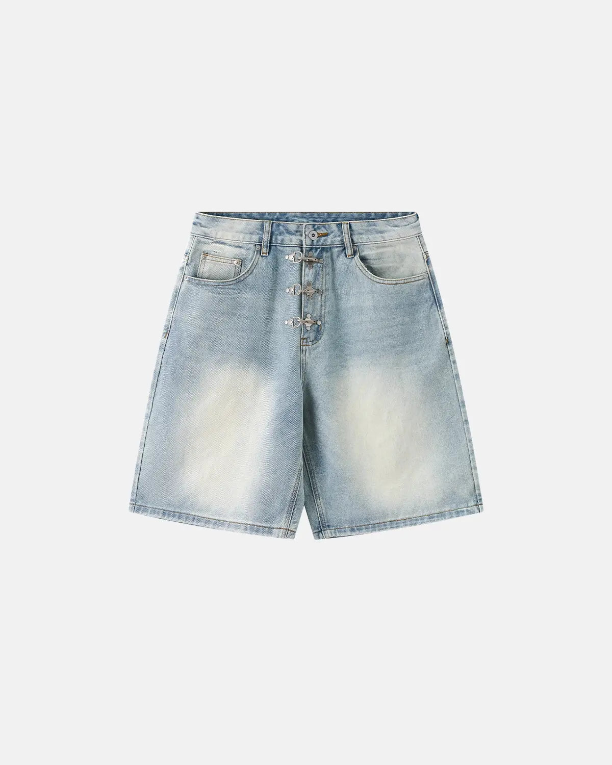 Inflation Streetwear metal clasp baggy jorts with distressed denim, loose fit, and metal button details for a trendy casual look.