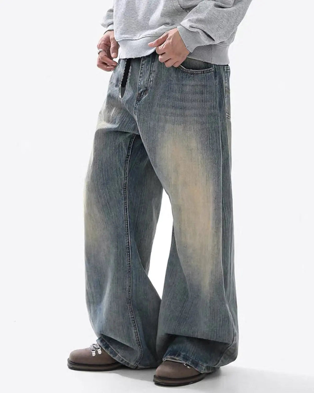 Washed bamboo weave baggy bootcut jeans by Flation Streetwear, featuring relaxed fit and natural bamboo texture.