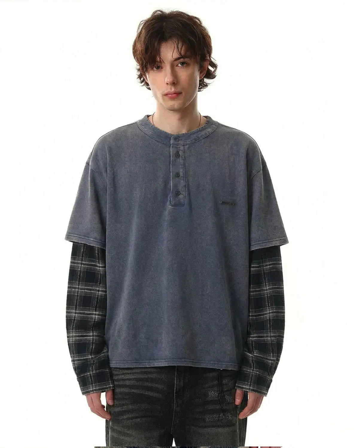 Distressed plaid layered long sleeve tee from Inflation Streetwear featuring a casual, stylish plaid pattern and layered design.
