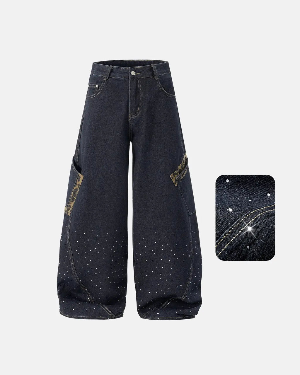Leopard patch rhinestone barrel jeans by INFLATION, featuring leopard print patches and rhinestone details on denim.