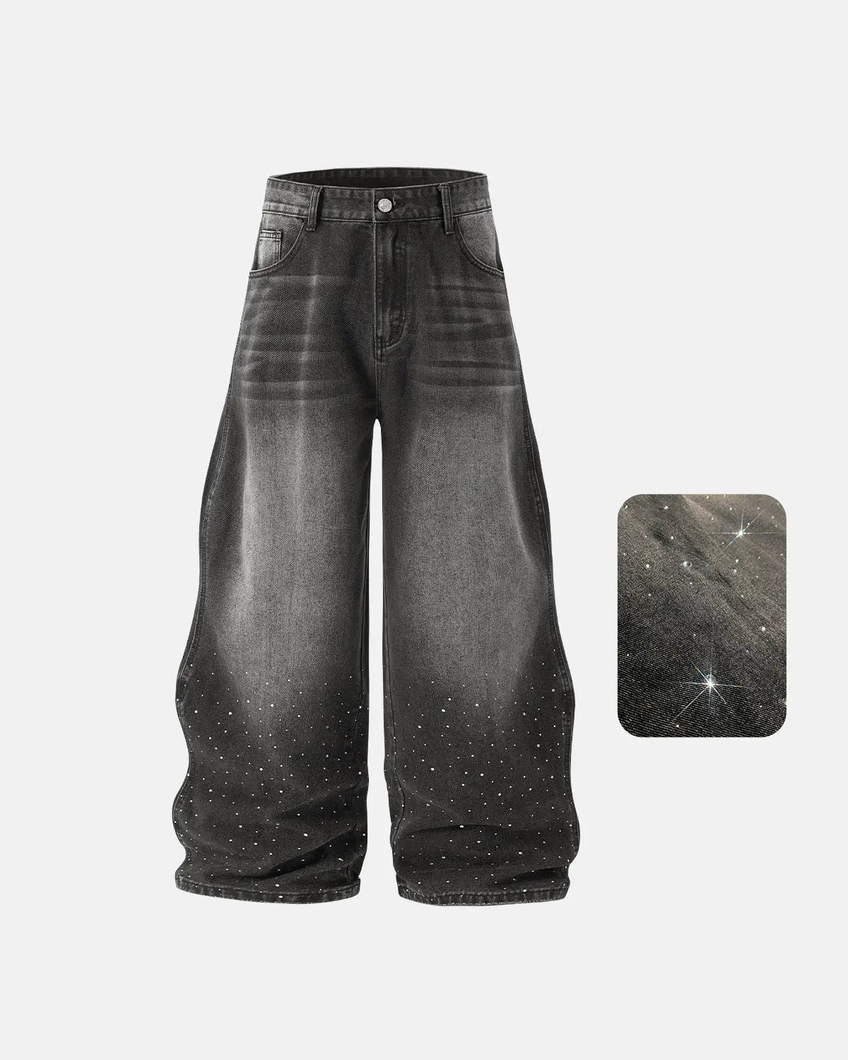 Rhinestone wavy baggy jeans by INFLATION featuring a streetwear style with rhinestone embellishments and a relaxed fit.